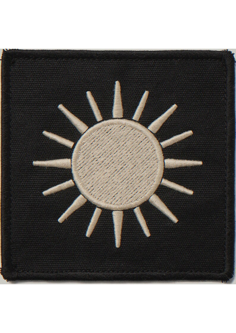 Sun embroidered-style patch unframed printed artwork and full composition with its paper border.