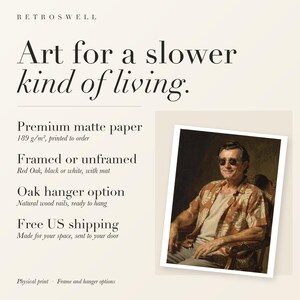 RetroSwell print details for James Monroe Surfer: premium 189 g/m² matte paper, framed or unframed, oak hanger option, free US shipping.