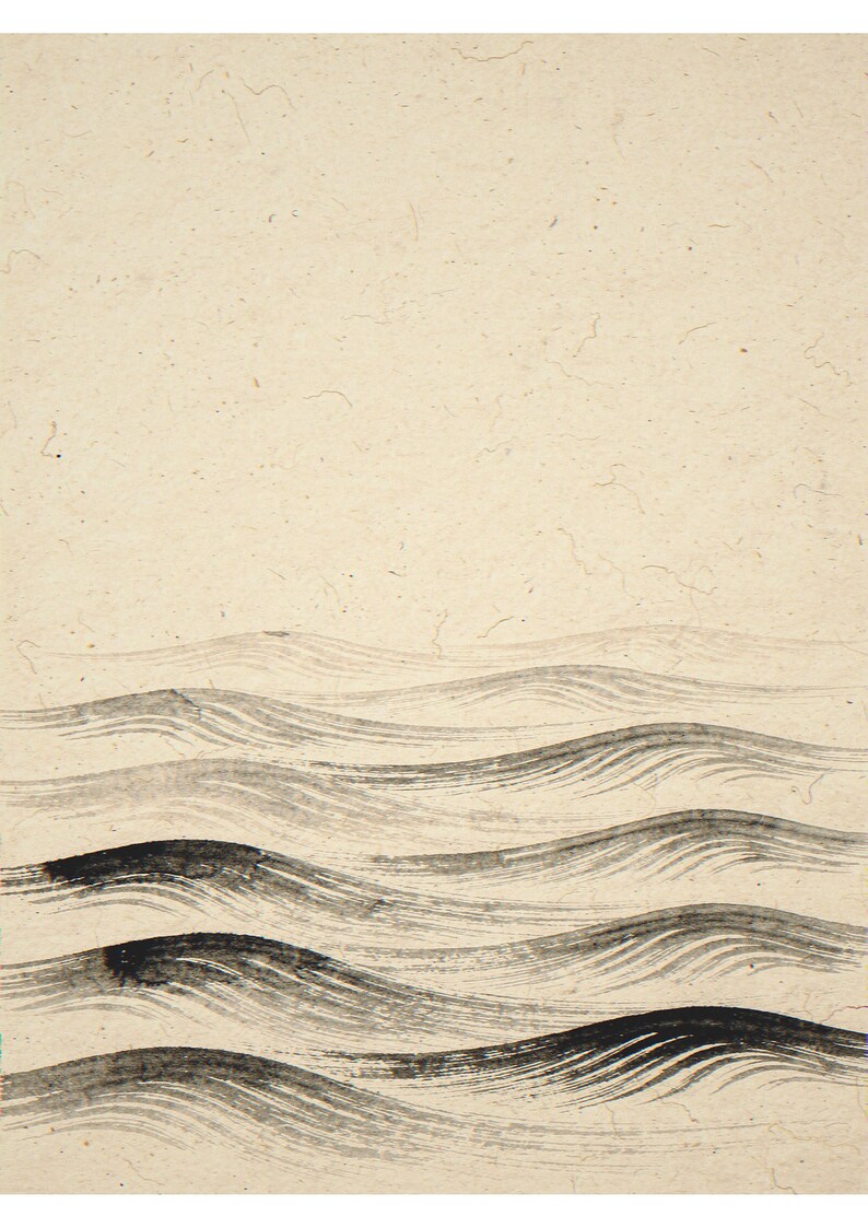 Layered waves unframed printed artwork and full composition with its paper border.