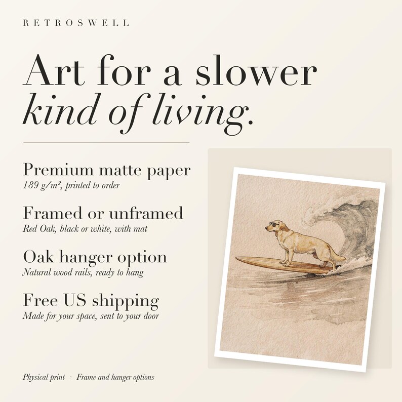 RetroSwell print details for Yellow Labrador Surfing: premium 189 g/m² matte paper, framed or unframed, oak hanger option, free US shipping.