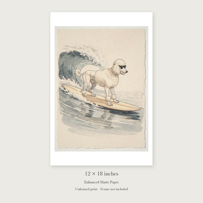 Poodle Surfing unframed 12 by 18 inch print on enhanced matte paper, shown with its white paper border.