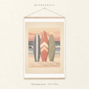 Lámina decorativa infantil con diseño de tabla de surf, enmarcada o sin enmarcar. Póster retro playero para habitación de bebé. imagen 5