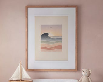 May include: A framed art print featuring a stylized ocean wave in shades of blue, green, and pink against a pale background. The artwork is enclosed in a light-toned wooden frame with a white mat, displaying a sunset scene with a small bird.