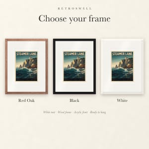 Frame options for Steamer Lane Surf: Red Oak, black and white wood frames, each with a white mat.
