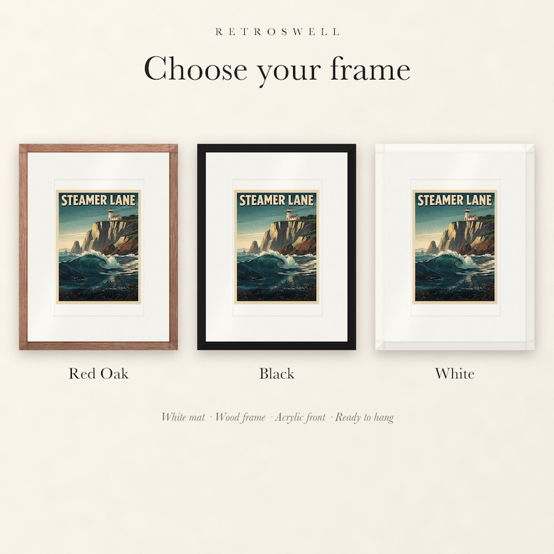 Frame options for Steamer Lane Surf: Red Oak, black and white wood frames, each with a white mat.