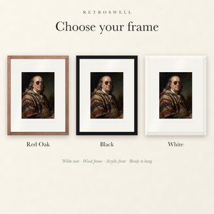 Frame options for Benjamin Franklin: Red Oak, black and white wood frames, each with a white mat.