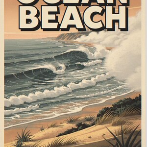 Pôster de viagem de surfe da praia de Ocean Beach, San Diego, emoldurado ou sem moldura, estilo vintage. Impressão costeira. imagem 10