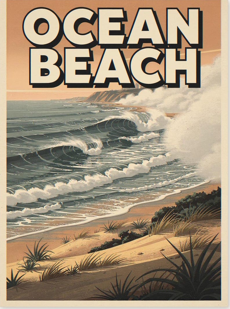 Pôster de viagem de surfe da praia de Ocean Beach, San Diego, emoldurado ou sem moldura, estilo vintage. Impressão costeira. imagem 10