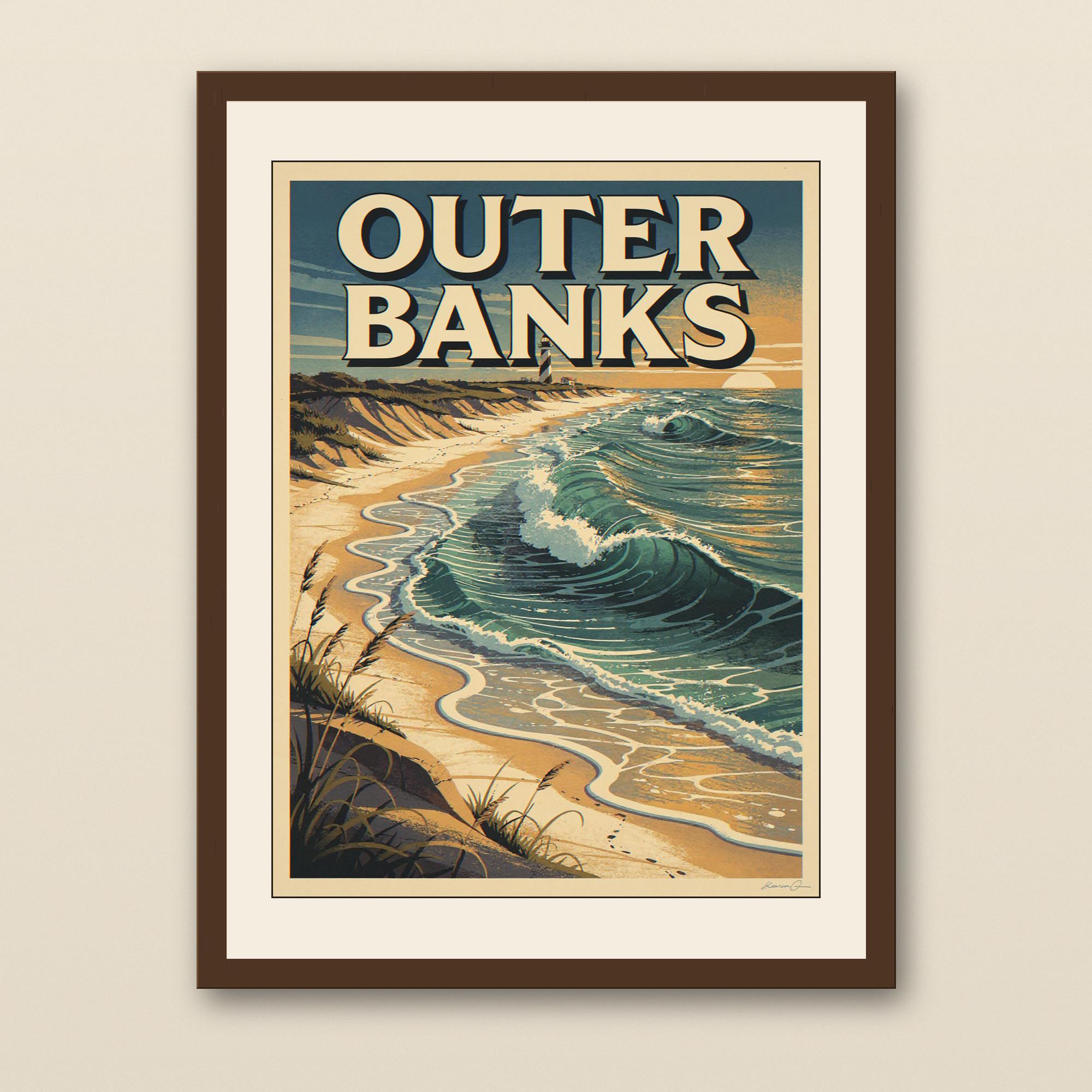 Outer Banks Surf Poster - walnut framed art print with cream mat on plaster wall