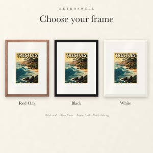 Frame options for Trestles California Surf: Red Oak, black and white wood frames, each with a white mat.