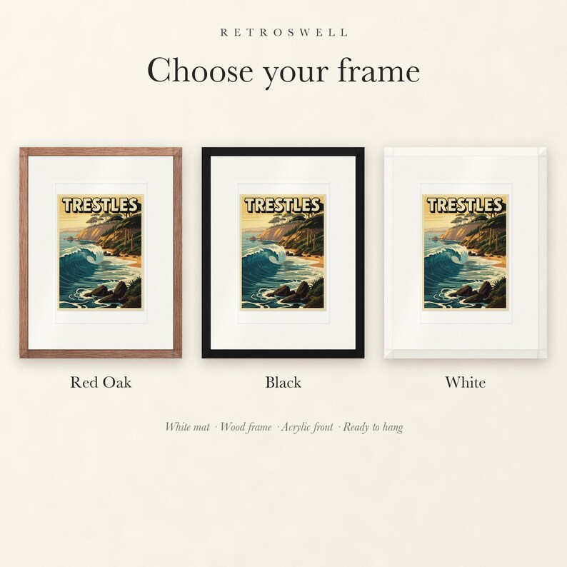 Frame options for Trestles California Surf: Red Oak, black and white wood frames, each with a white mat.