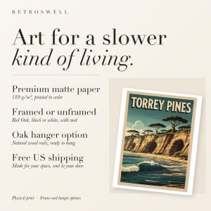 RetroSwell print details for Torrey Pines Surf: premium 189 g/m² matte paper, framed or unframed, oak hanger option, free US shipping.