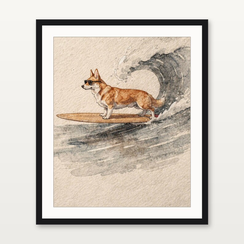 Corgi Surfing Print | Dog Surf Wall Art | Fine Art Coastal Decor | Corgi Lover Gift | Printable Wall Art Digital Download image 3