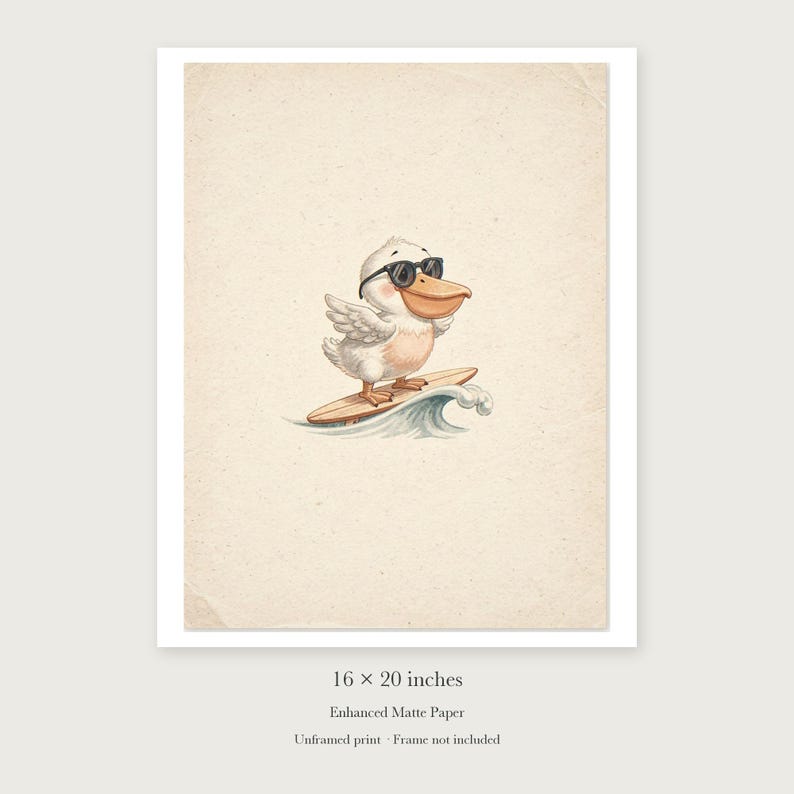 Pelican Surfing unframed 16 by 20 inch print on enhanced matte paper, shown with its white paper border.