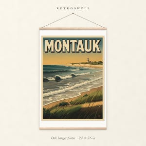 Montauk Surf oak hanger poster, 24 by 36 inches, with natural wood rails and a hanging cord.