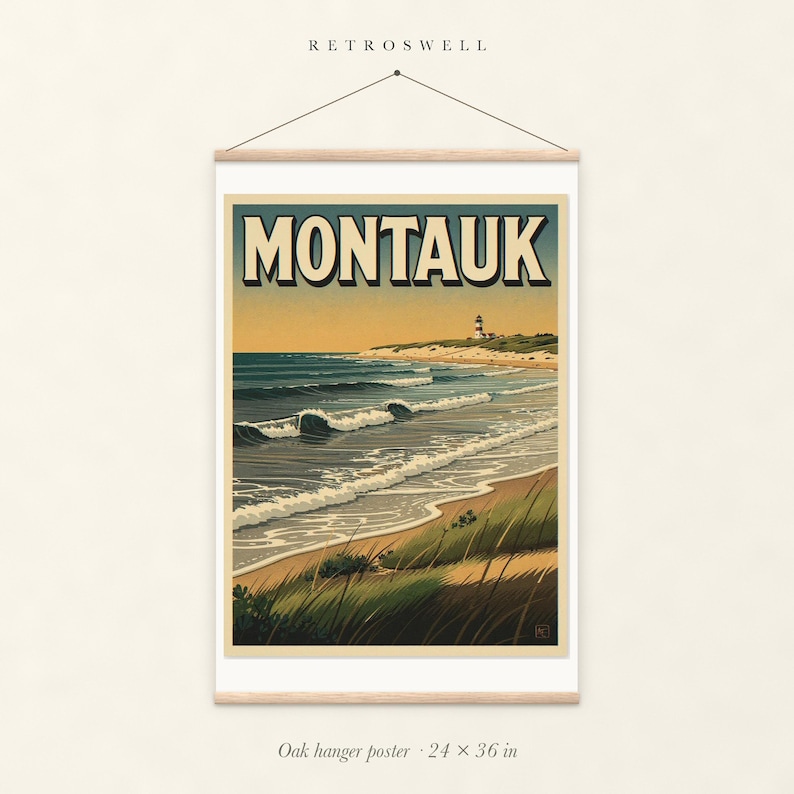 Montauk Surf oak hanger poster, 24 by 36 inches, with natural wood rails and a hanging cord.