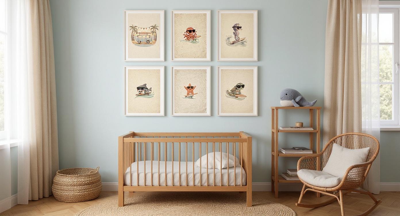 Ocean Nursery Gallery Wall Bundle - 6 framed art prints on wall