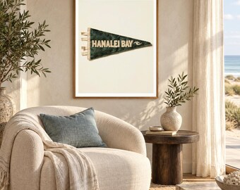 Hanalei Bay, Kauai, Hawaii Surf Pennant Print | Vintage Felt Pennant Art | Beach House Decor | Retro Surf Wall Art | Digital Download