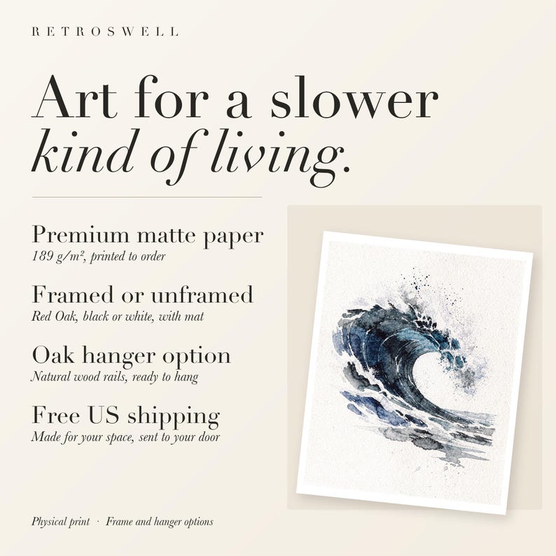 RetroSwell print details for Indigo Barrel Wave Watercolor: premium 189 g/m² matte paper, framed or unframed, oak hanger option, free US shipping.
