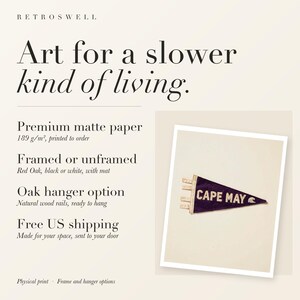 RetroSwell print details for Cape May Surf Pennant: premium 189 g/m² matte paper, framed or unframed, oak hanger option, free US shipping.