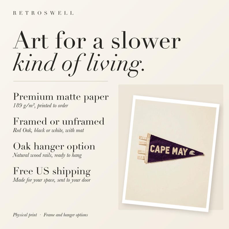 RetroSwell print details for Cape May Surf Pennant: premium 189 g/m² matte paper, framed or unframed, oak hanger option, free US shipping.