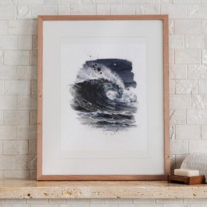 Moonlit Wave Watercolor Art Print, Framed or Unframed Night Ocean Poster image 13
