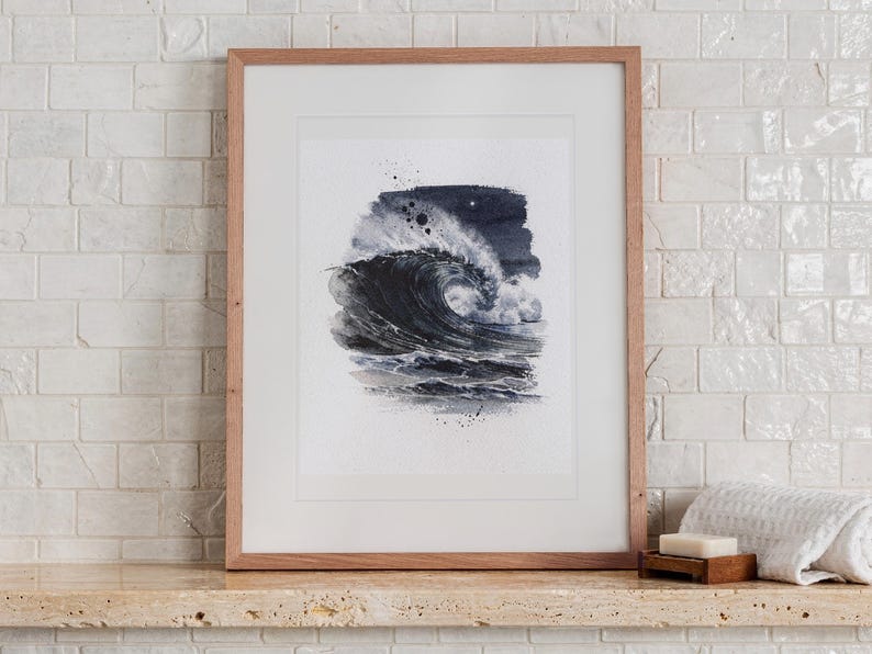 Moonlit Wave Watercolor Art Print, Framed or Unframed Night Ocean Poster image 13