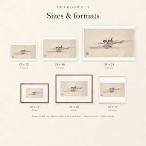Sizes and formats for Swimming Dog Xieyi Ink, shown to scale: unframed prints, framed prints and the oak hanger.