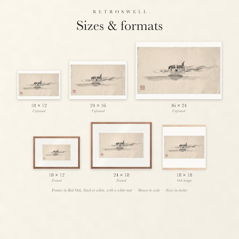 Sizes and formats for Swimming Dog Xieyi Ink, shown to scale: unframed prints, framed prints and the oak hanger.