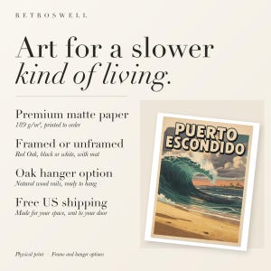 RetroSwell print details for Puerto Escondido Surf: premium 189 g/m² matte paper, framed or unframed, oak hanger option, free US shipping.