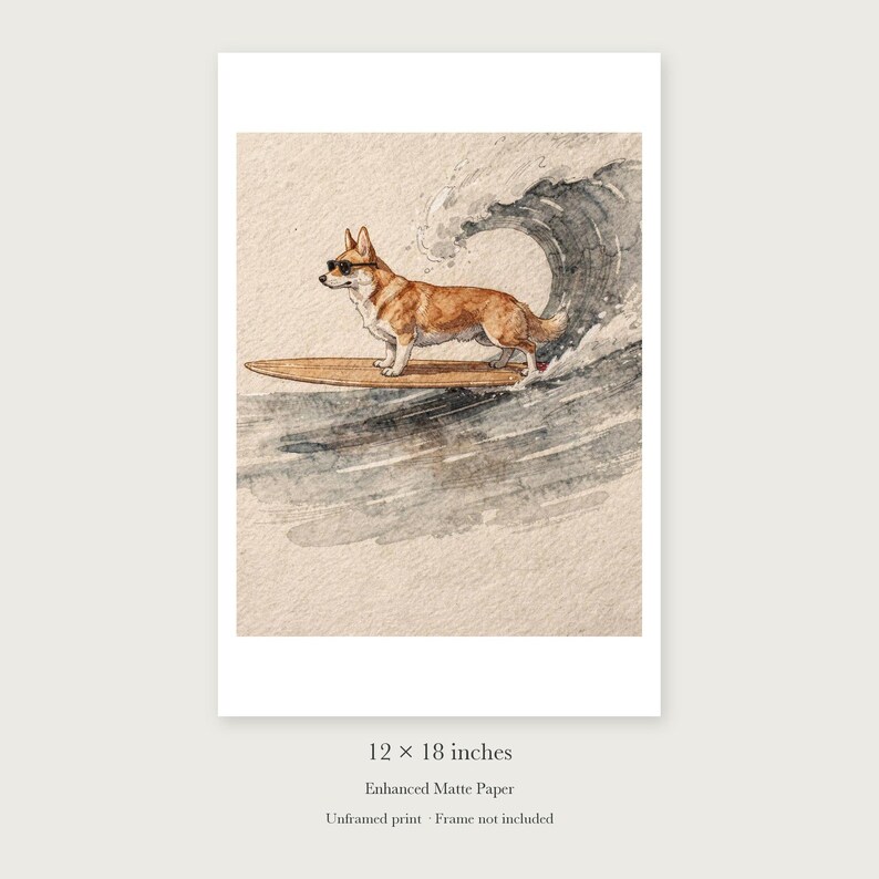 Corgi Surfing unframed 12 by 18 inch print on enhanced matte paper, shown with its white paper border.