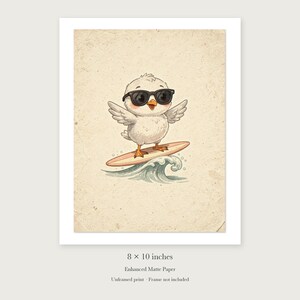 Seagull Surfing Art Print, Framed or Unframed Coastal Nursery Poster image 7