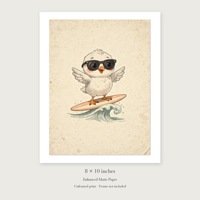 Seagull Surfing Art Print, Framed or Unframed Coastal Nursery Poster image 7