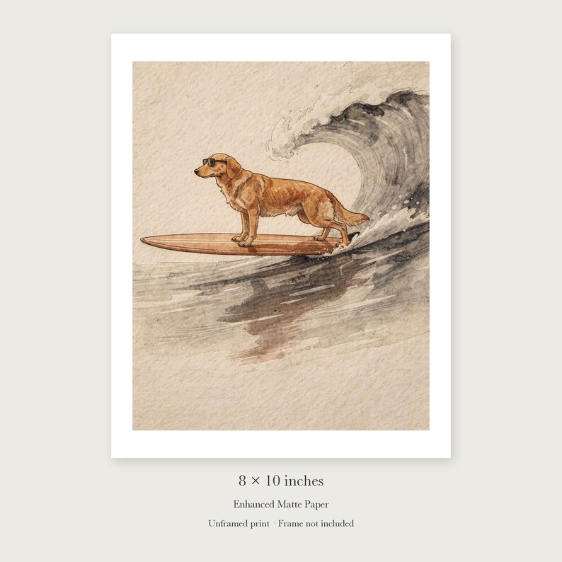 Golden Retriever Surfing Art Print, Framed or Unframed Watercolor Style Dog Poster image 7