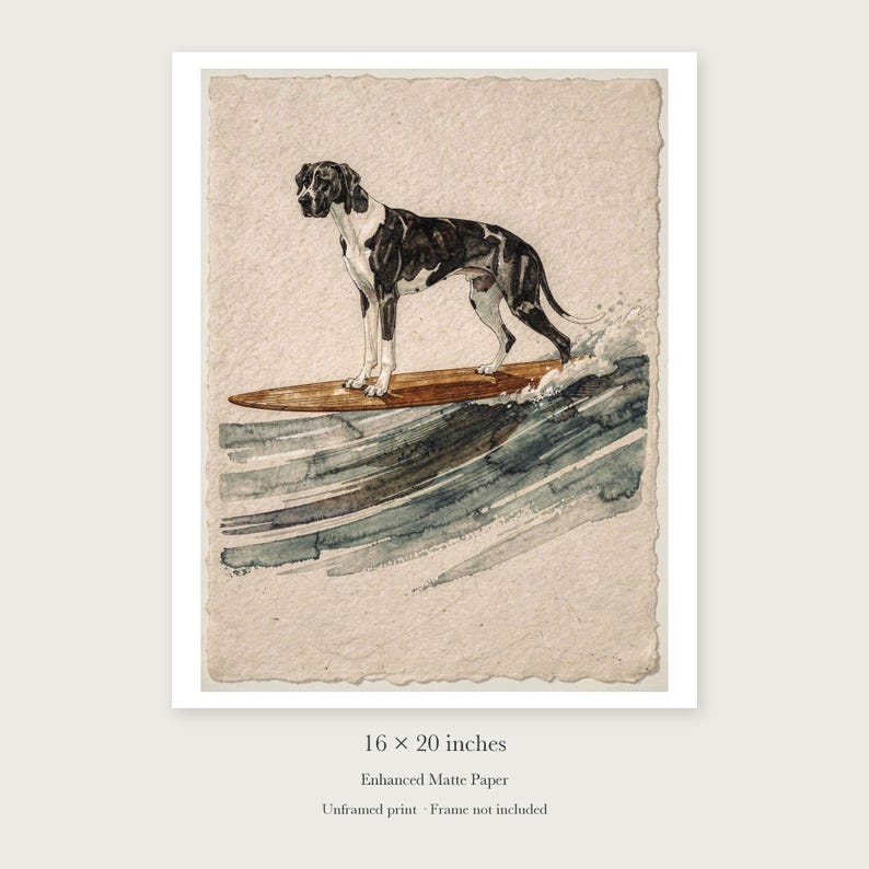 Great Dane Surfing unframed 16 by 20 inch print on enhanced matte paper, shown with its white paper border.