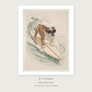 Bulldog Surfing unframed 8 by 10 inch print on enhanced matte paper, shown with its white paper border.