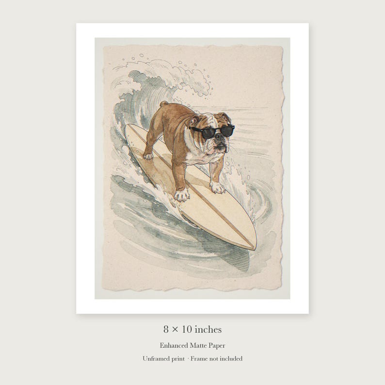 Bulldog Surfing unframed 8 by 10 inch print on enhanced matte paper, shown with its white paper border.