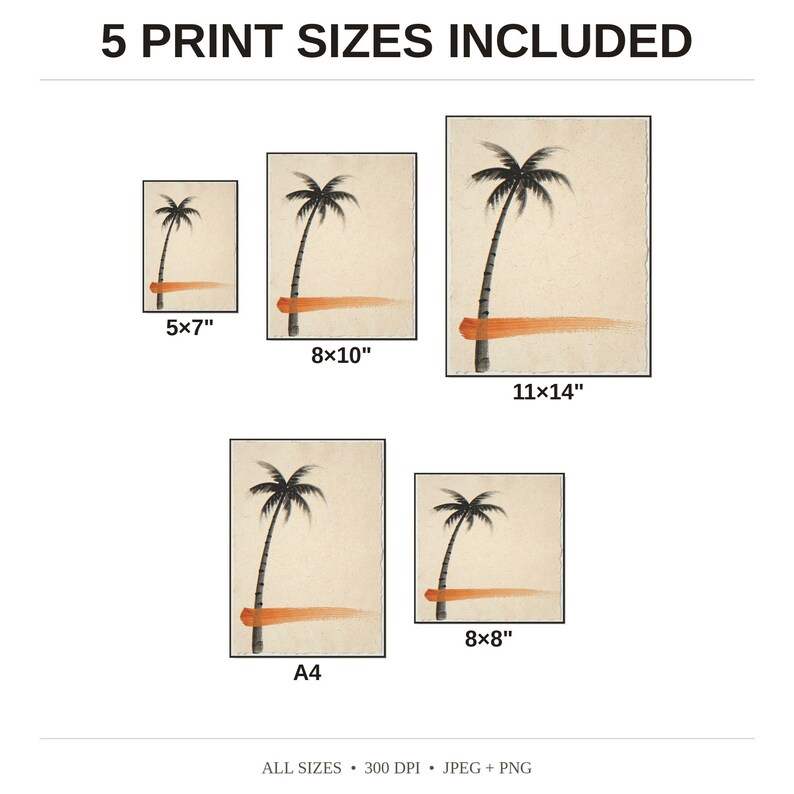 Sumi-e Lone Palm with Sunset Accent Print - available print sizes: 5x7, 8x10, 11x14, A4, and square