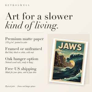 RetroSwell print details for Jaws Maui Surf: premium 189 g/m² matte paper, framed or unframed, oak hanger option, free US shipping.