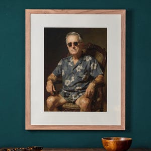 Franklin D. Roosevelt Surfer printable art, shown printed in a Red Oak frame with a white mat, hanging above the desk in a green study.