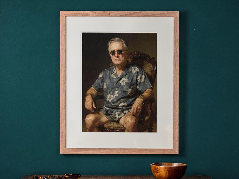 Franklin D. Roosevelt Surfer printable art, shown printed in a Red Oak frame with a white mat, hanging above the desk in a green study.