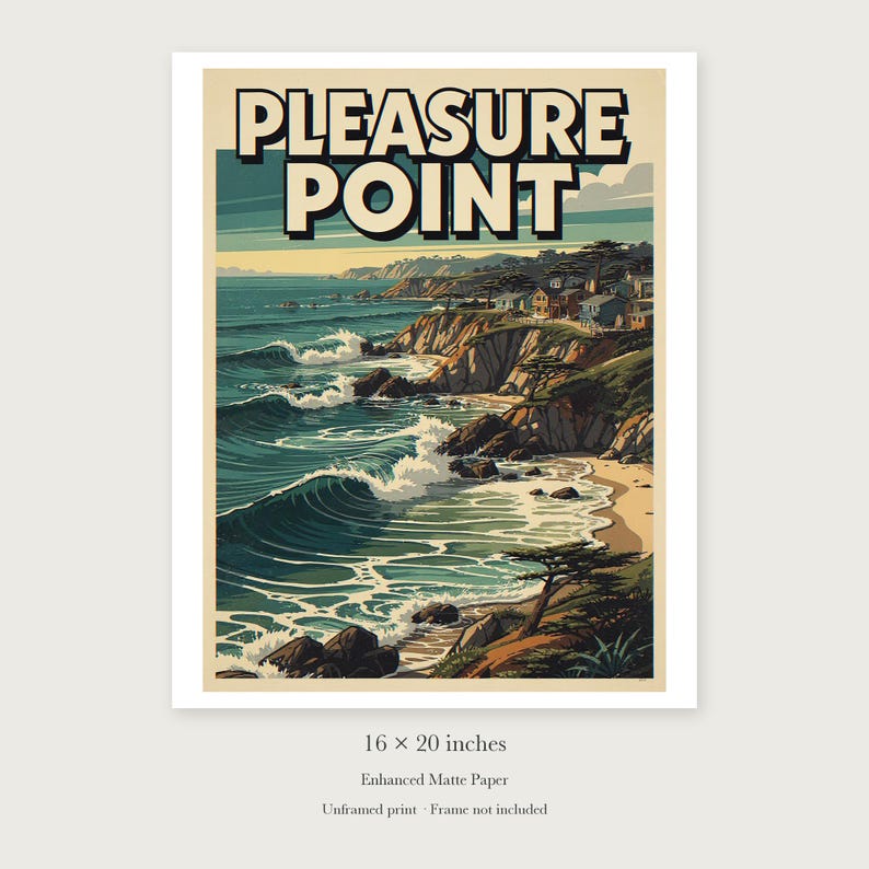 Pleasure Point Surf unframed 16 by 20 inch print on enhanced matte paper, shown with its white paper border.