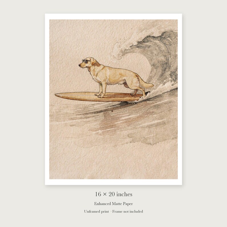 Yellow Labrador Surfing unframed 16 by 20 inch print on enhanced matte paper, shown with its white paper border.