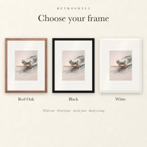 Frame options for Yorkshire Terrier Surfing: Red Oak, black and white wood frames, each with a white mat.