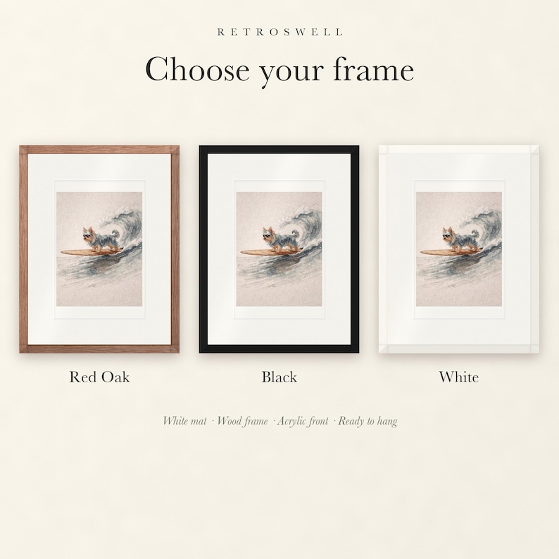 Frame options for Yorkshire Terrier Surfing: Red Oak, black and white wood frames, each with a white mat.