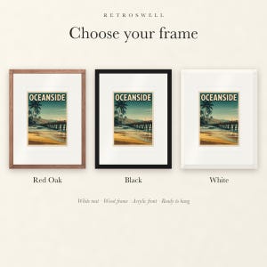 Frame options for Oceanside California Surf: Red Oak, black and white wood frames, each with a white mat.