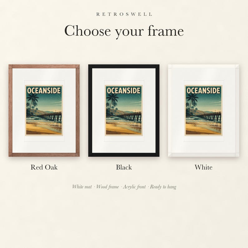 Frame options for Oceanside California Surf: Red Oak, black and white wood frames, each with a white mat.