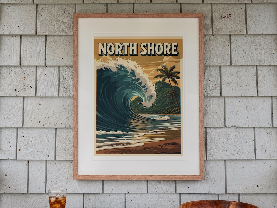 North Shore Surf Travel Poster print in a Red Oak frame with a white mat, hanging above the bench in a screened beach porch.