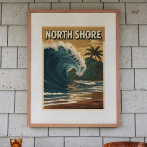 North Shore Surf Travel Poster print in a Red Oak frame with a white mat, hanging above the bench in a screened beach porch.