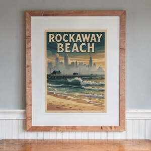 Rockaway Beach Surf Travel Poster print in a Red Oak frame with a white mat, hanging above the sideboard in a dining room.